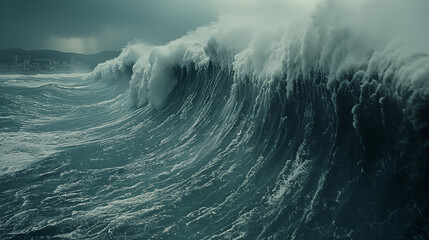 Massive ocean wave crests near coastal city, threatening with its towering wall of water. Concept of nature's power and climate change impact.