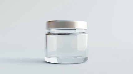 3D Empty glass jar with silver lid on white background.