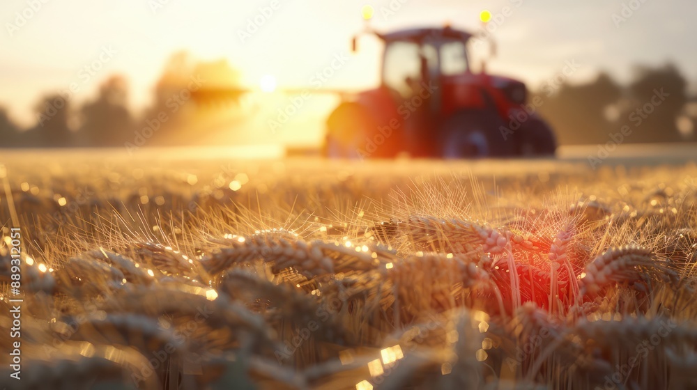 Poster agronomy techniques for maximizing crop yield and efficient harvest a tractor working in a golden wh