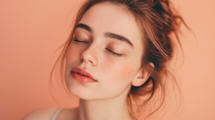 Naklejka premium Young woman with minimalistic makeup posing against peach wall