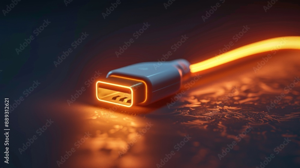 Poster a detailed view of a usb cable lying on a table, often used for charging devices or transferring dat