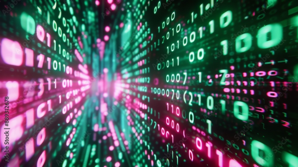 Fototapete A digital tunnel of binary code, with streaks of green and pink light, appears to recede into the distance.