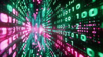 A digital tunnel of binary code, with streaks of green and pink light, appears to recede into the distance.