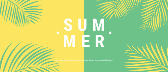 Obraz premium Creative summer sale banner in trendy bright colors with tropical leaves and discount text. Season promotion illustration.