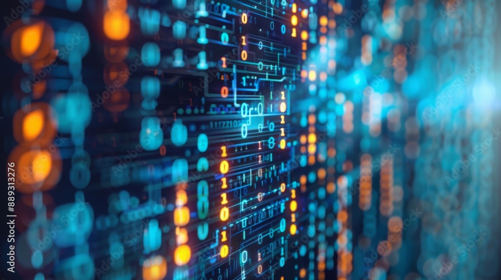 Poster A digital background with a blue and orange abstract pattern of binary code.