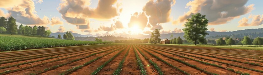 Sowing and Irrigating Fields A Stunning Sunrise View of Agricultural Practices for Abundant Crop Yields