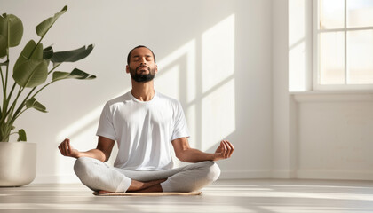 A man is sitting cross legged on a mat in a room with a potted plant