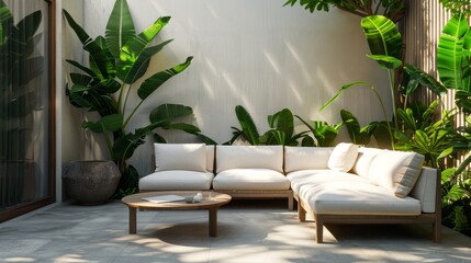 Minimalist atmosphere with green leafy plants and simple decoration, highlighting the Scandinavian design of the sofa and table. generative ai