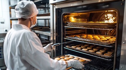 An inspector checking the cleanliness of a bakery's ovens and baking trays. HD quality, food safety inspection, bakery hygiene, cleanliness check, safety protocols