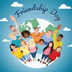 Multicultural group of people stand together, hug and look up . Friendship Day. Vector illustration in flat style