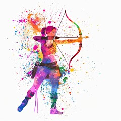 Fototapeta premium A vibrant watercolor illustration shows a female archer drawing a bow, with colorful splashes on a white background, adding motion and energy.