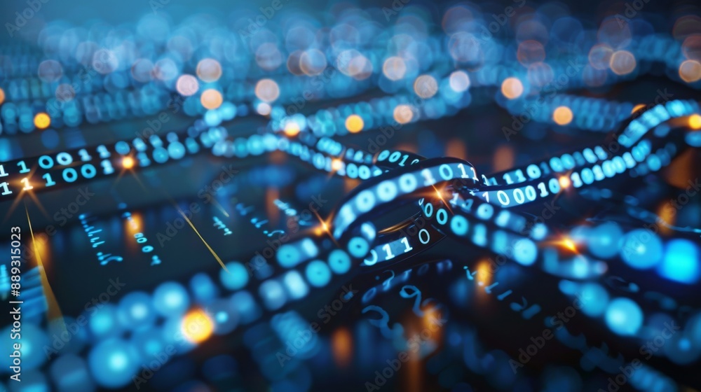 Fototapete Glowing blue binary code chains interweave in a digital landscape, creating a complex and dynamic visual.