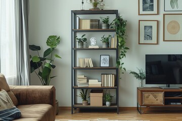 Tall narrow bookcase with black and beige burlap storage boxes, desk with chair, modern office room, light wood floors, contemporary design.