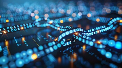 Glowing blue binary code chains interweave in a digital landscape, creating a complex and dynamic visual.