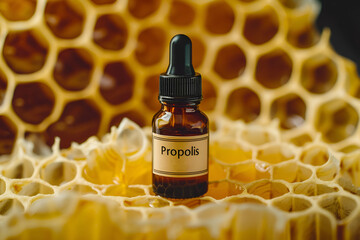 Propolis extract bottle with honeycomb background