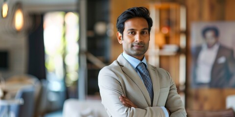 Fototapeta premium Confident Indian Businessman in His 40s with Black Hair and Light-Colored Suit, Portrait of a Successful Individual, 4K High-Resolution Wallpaper, AI-Generated Background