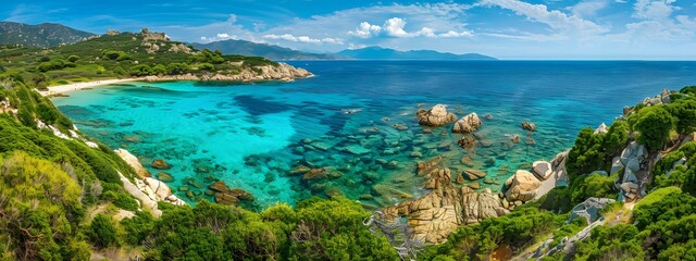 Obraz premium Beautiful coastline with clear water, sand, rocks, turquoise watter