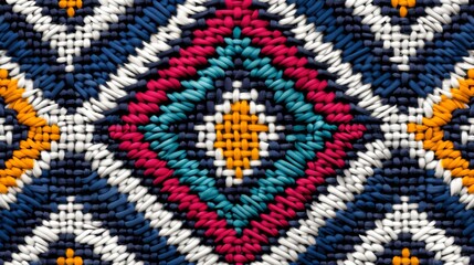 Traditional ethnic geometric fabric pattern in cross stitch, with deep reds and natural tones
