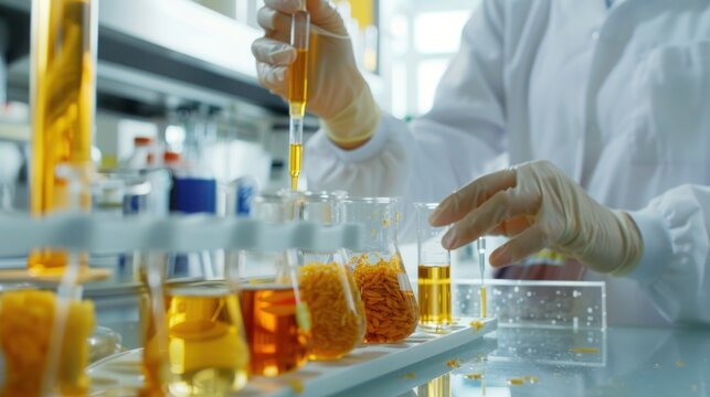 A worker checking the pH levels of food products in a laboratory to ensure they are safe for consumption. HD quality, food safety testing, lab analysis, pH checking, laboratory safety