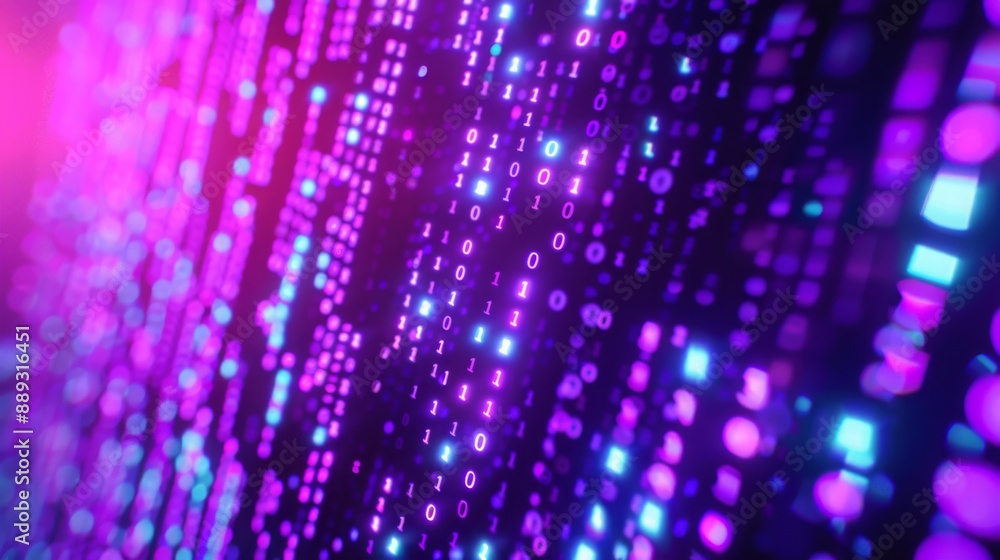 Aufkleber A digital pattern with rows of glowing binary code in purple and blue on a black background.
