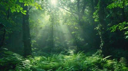 Obraz premium A nature background showcasing a dense forest with towering trees, their leaves a vibrant green, sunlight filtering through the canopy to create dappled light on the forest floor covered with ferns