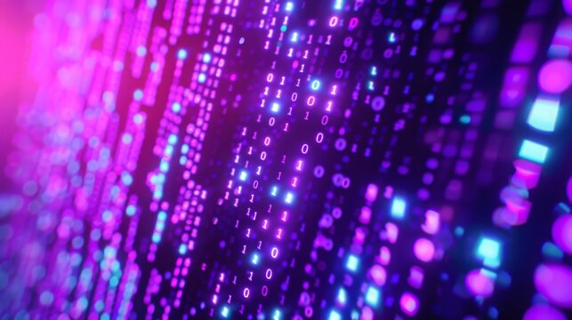 A digital pattern with rows of glowing binary code in purple and blue on a black background.