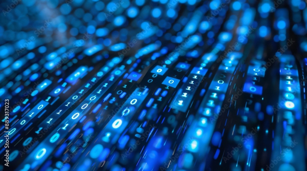Poster Abstract digital background with flowing lines of blue binary code illuminated with bright blue light.