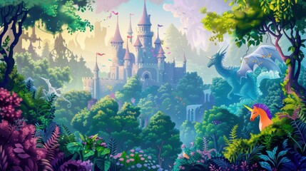 An illustration background depicting a whimsical fairy tale castle surrounded by lush, enchanted forests filled with magical creatures like dragons and unicorns the vibrant and colorful scene © keetazalay