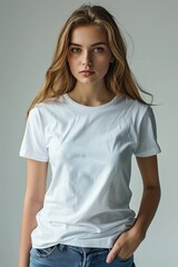 Fototapeta premium White tshirt mockup on woman model created with Generative AI
