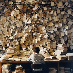 A man was reading a essay with many many papers 