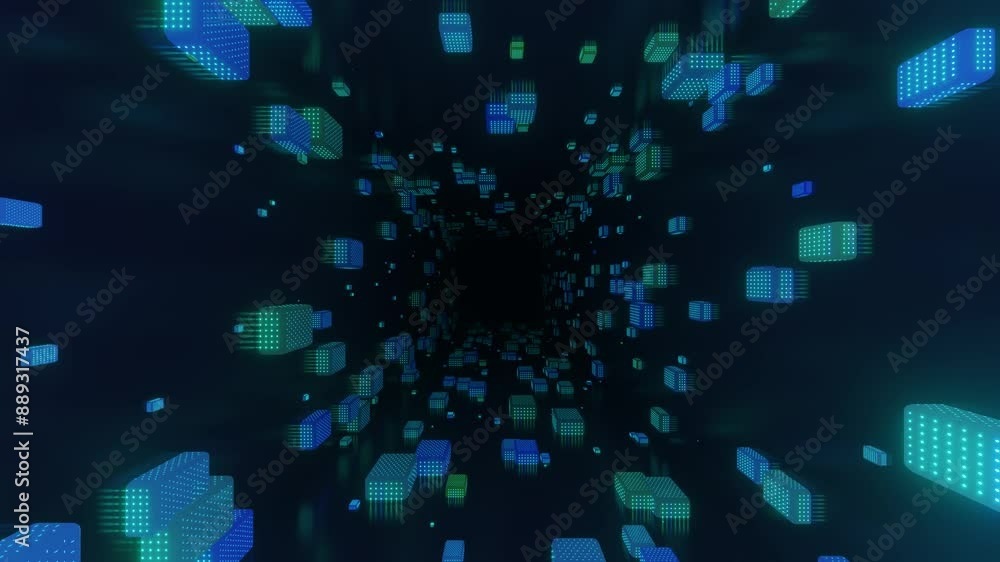 Poster glow boxes. 4k seamless looped animation. fly through mirror tunnel with neon pattern, glow lines fo