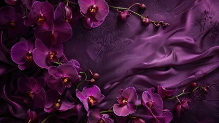 A luxurious purple background with rich, velvet textures and elegant gold accents, featuring a sophisticated arrangement of deep purple orchids and soft, ambient lighting creating a royal and opulent