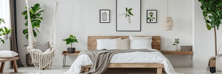 White bedroom with wooden bed, grey blanket and pillows, macrame chair, green plants, table, black frames, and poster, modern home interior design.