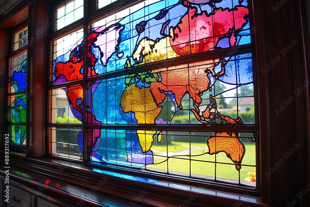 Aufkleber a colorful stained glass world map adorns a building window, creating striking visual patterns with 