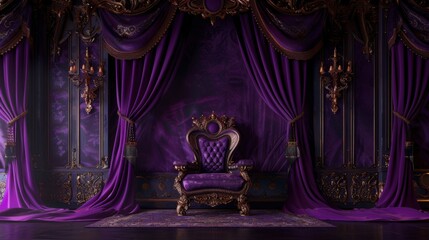 A regal purple background with luxurious velvet textures and gold embellishments, featuring an ornate throne and rich drapery that convey a sense of royalty and opulence