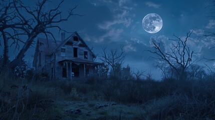 A spooky Halloween background with a dilapidated, abandoned house surrounded by overgrown weeds and dead trees, a full moon casting eerie shadows and adding to the haunting ambiance