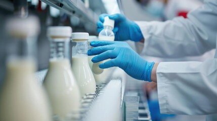 A laboratory technician testing milk samples for contaminants using advanced equipment. HD quality, food safety testing, lab analysis, contamination check, laboratory safety