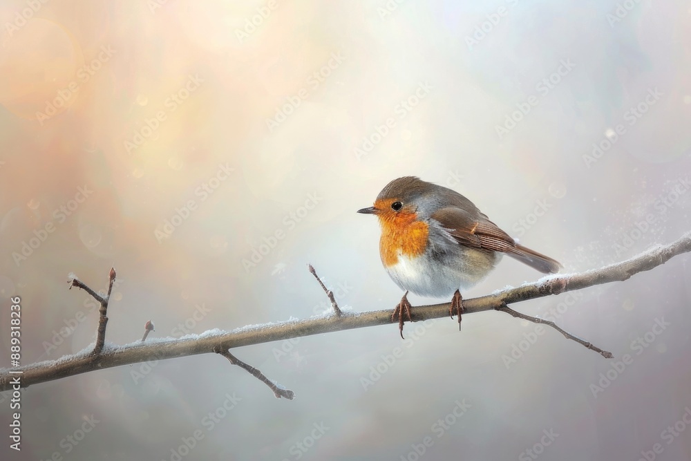 Poster a small bird is perched on a tree branch, looking out into the distance