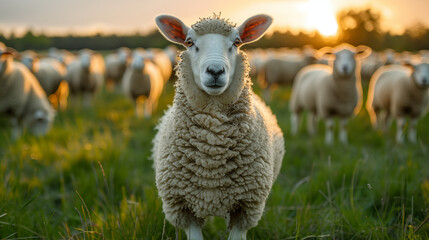 Fototapeta premium Curious sheep looking directly at camera in grassy field at sunset with flock in background. Concept of animal farming, livestock, and rural life.