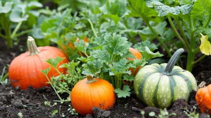 pumpkin seeds along with other vegetables in a mixed garden generative ai