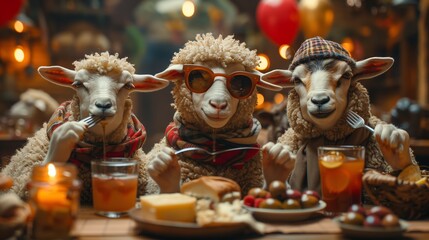 Three Sheep Enjoying a Meal Together in a Cozy Setting