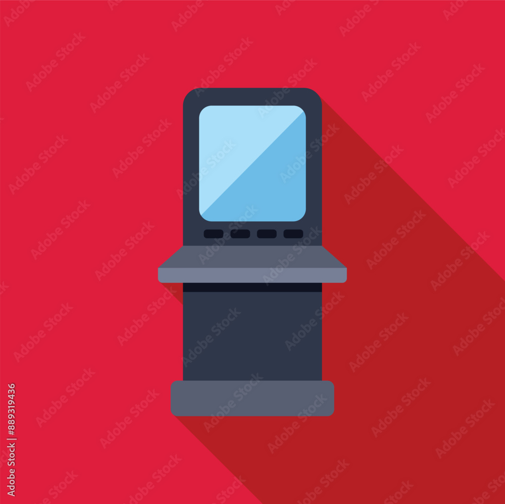 Poster atm machine displaying withdraw money screen for banking finance with long shadow on red background