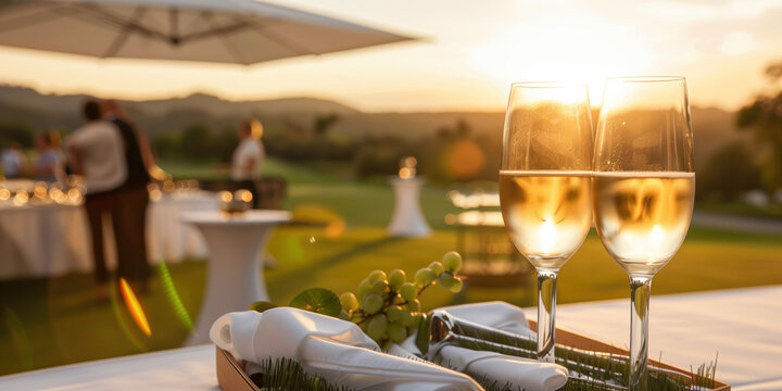 Exclusive Country Club Event with High-Class Executive in Elegant Attire Using Laptop and Networking Against a Backdrop of Lush Golf Course