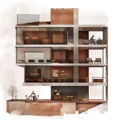 section through a building with 4 floors and a person sitting at a desk