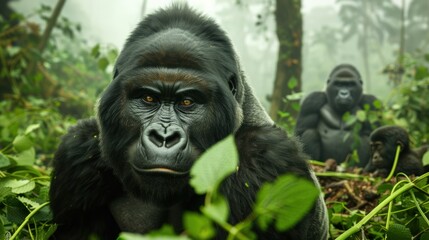 Obraz premium a silverback gorilla leading its troop through lush jungle foliage. Ideal for nature documentaries and educational exhibits about endangered species.