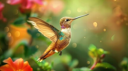 Fototapeta premium a hummingbird feeding on nectar, its shimmering feathers and delicate wings illuminated by the sun. Great for garden decor and educational resources.