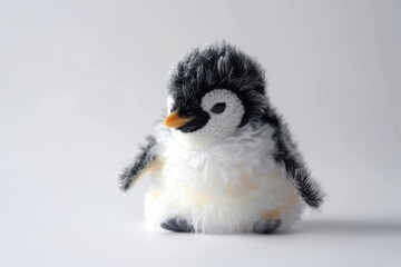 Fototapeta premium a penguin stuffed animal with soft, fluffy fur against a simple white backdrop. The toy's sweet expression and cuddly appearance make it perfect for children and collectors alike.