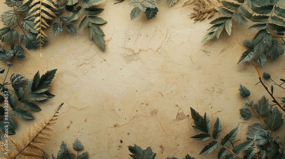 Poster forest themed composition on beige background with room for text viewed from above