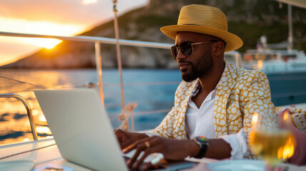 Fototapeta premium Chic Bleisure Traveler at High-End Yacht Party in Designer Outfit, Typing on Laptop, Surrounded by Crystal-Clear Waters and Luxurious Ambiance, Richly Detailed and Vibrant Scene