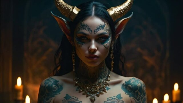A seductive and dangerous succubus with dark skin, golden eyes and sharp teeth. She is in a beautiful painting with stunning detail and colours. The image shows her arms, the mist around her